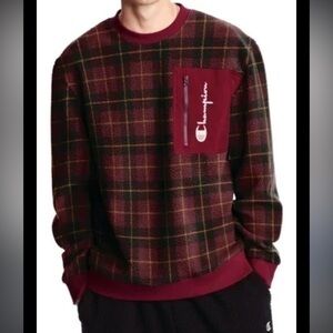 NWOT Champion Sherpa Plaid Zip Front Pkt Crewneck Red burgundy Sweatshirt XL